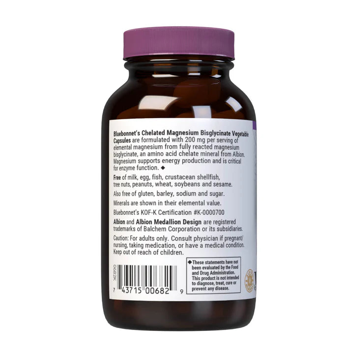 Bluebonnet Vitamins Chelated Magnesium Bisglycinate – 200 mg – 60 Vegetable Capsules
