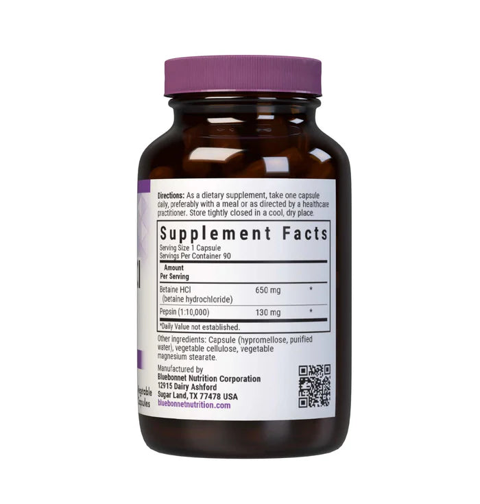 Bluebonnet Betaine HCl & Pepsin 650 mg 90 Vegcaps | Digestive Wellness