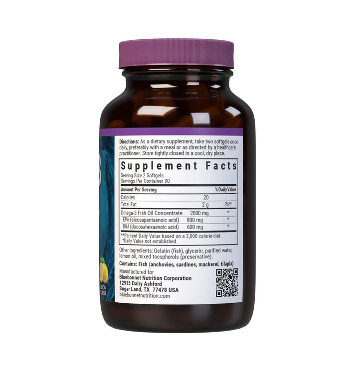Bluebonnet Vitamins Omega-3 Fish Oil Lemon 2000mg - EPA 800mg DHA 600mg - 60 Softgels