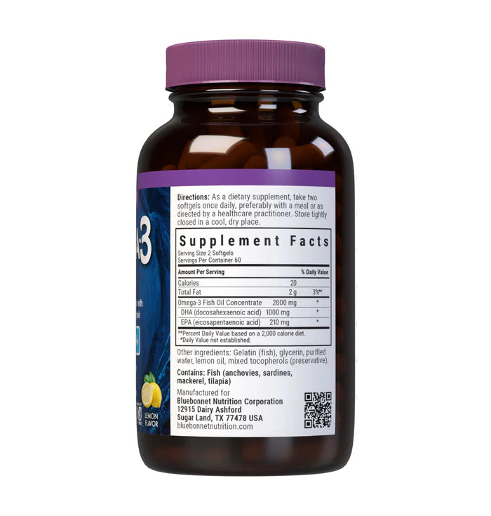 Bluebonnet Omega-3 Fish Oil Brain Health Lemon 120 Softgels
