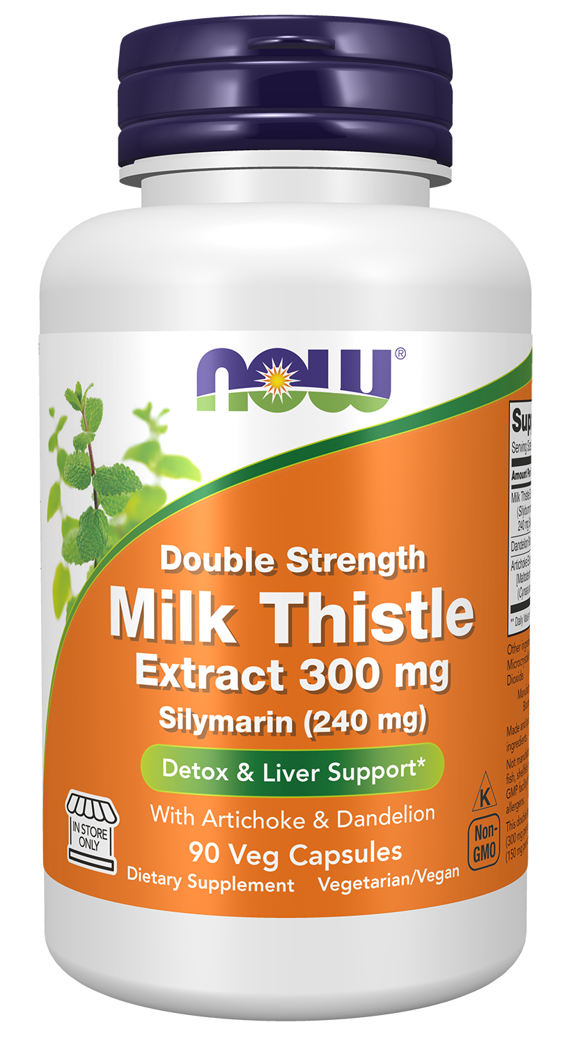 NOW Foods Milk Thistle Extract, Double Strength 300 mg - 90 Veg Capsules front package image