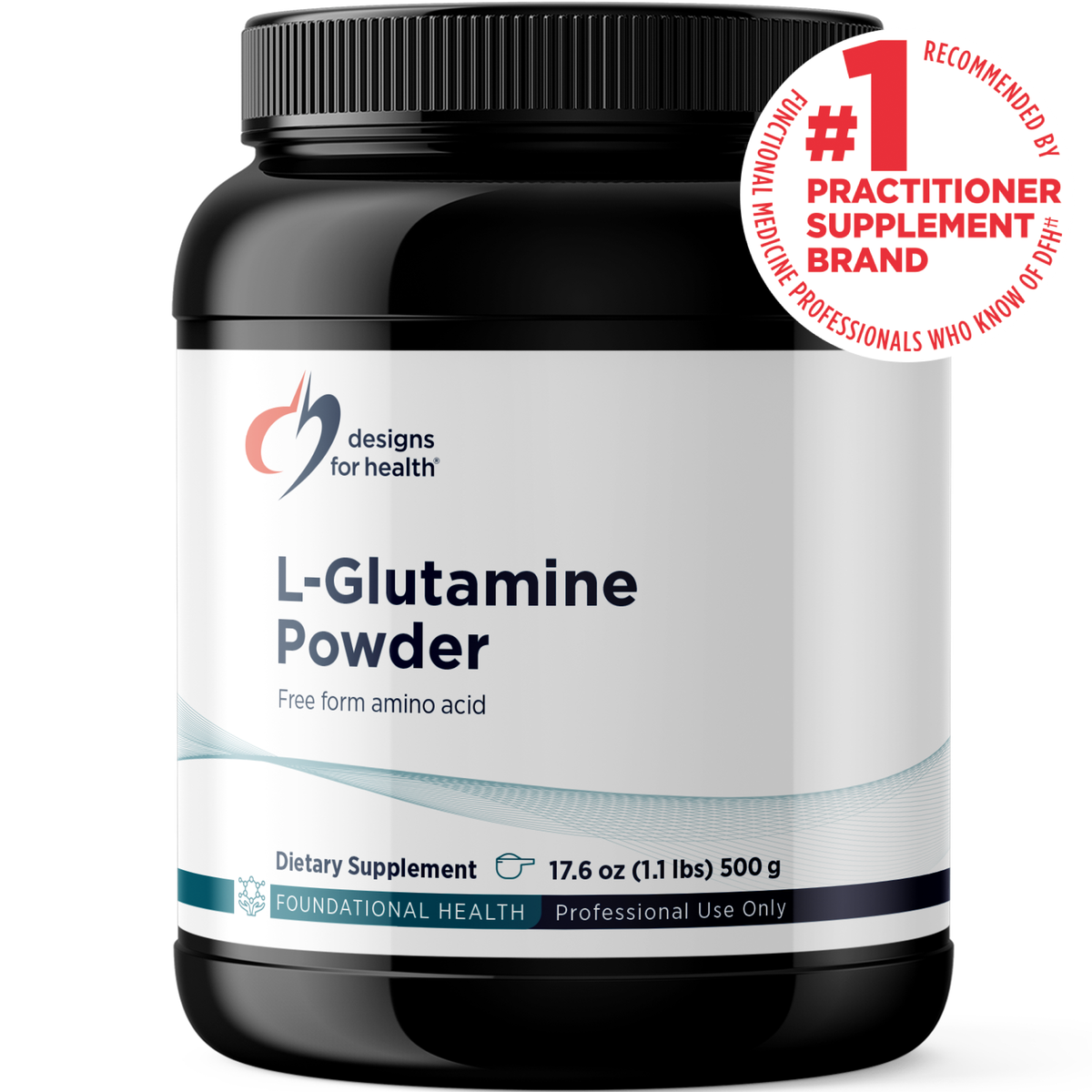 Designs for Health L-Glutamine Powder 500 g (17.6 oz) powder front label