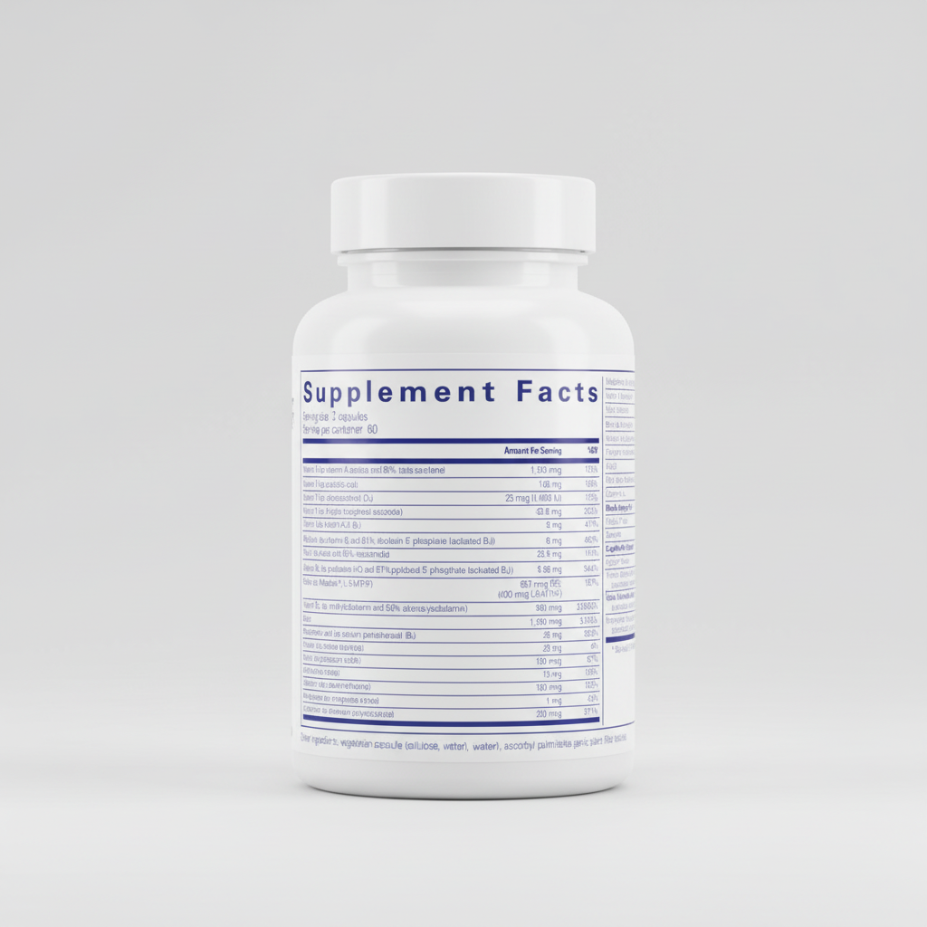 Supplement facts label with detailed nutritional information on a white background