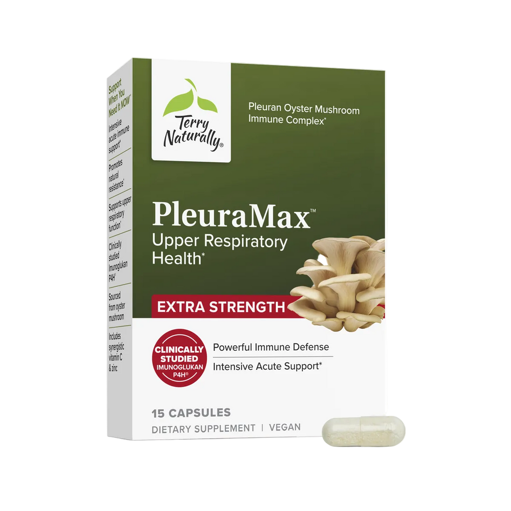 Terry Naturally PleuraMax Extra Strength 15 Capsules front label on a light background