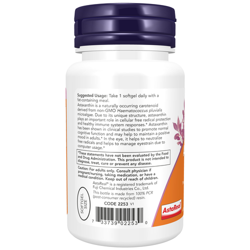 NOW Foods Astaxanthin 12 mg Triple Strength 60 Veggie Softgels | Antioxidant
