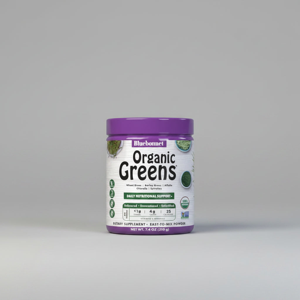 Bluebonnet Organic Greens dietary supplement container on a white background