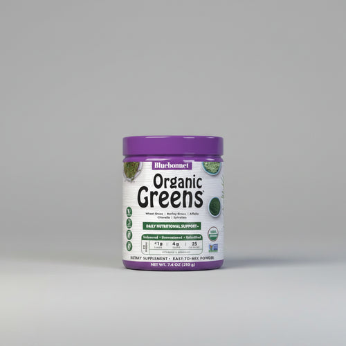 Bluebonnet Organic Greens dietary supplement container on a white background