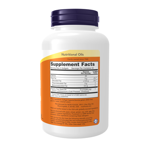 NOW Foods Flax Oil 1000 mg Plant-Based ALA Omega-3 | 100 Softgels