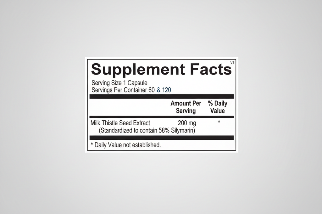 Supplement facts label for Milk Thistle Seed Extract with serving size and container information.
