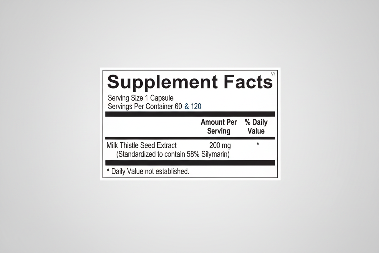 Supplement facts label for Milk Thistle Seed Extract with serving size and container information.