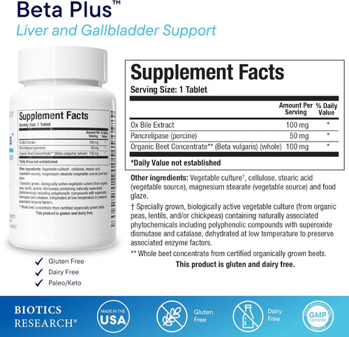 Biotics Research Beta Plus Supplement Facts and package details