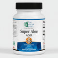 Supplement bottle labeled 'Super Aloe 450' by Ortho Molecular Products on a white background