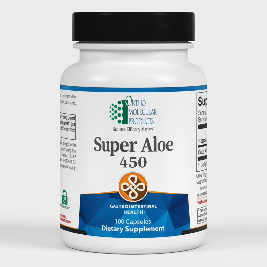 Supplement bottle labeled 'Super Aloe 450' by Ortho Molecular Products on a white background
