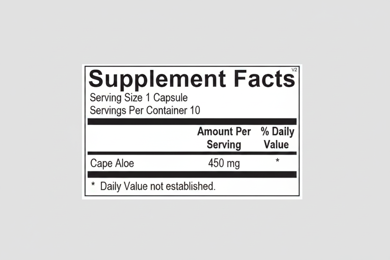 Supplement facts label for Cape Aloe with serving size, servings per container, and amount per serving details.