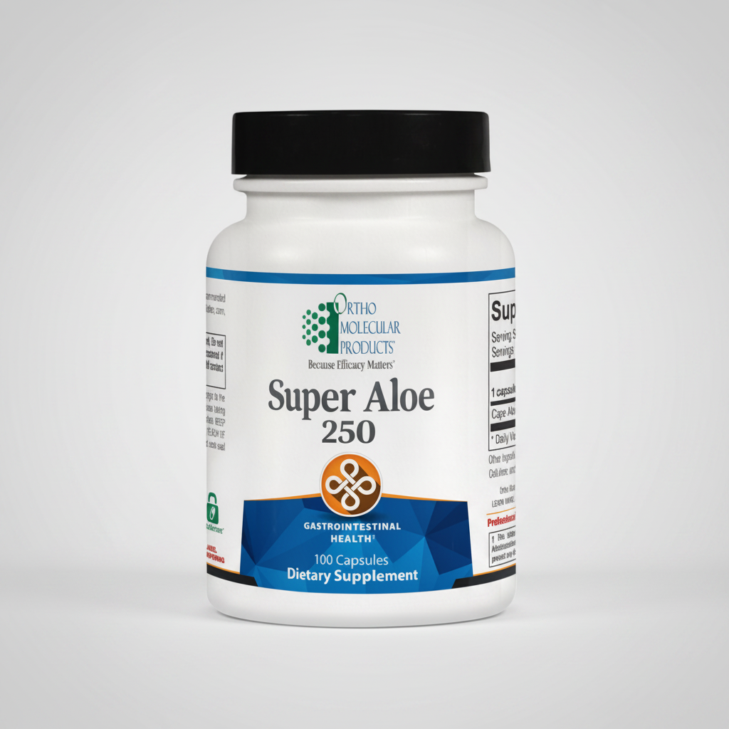 Supplement bottle labeled 'Super Aloe 250' by Ortho Molecular Products on a white background