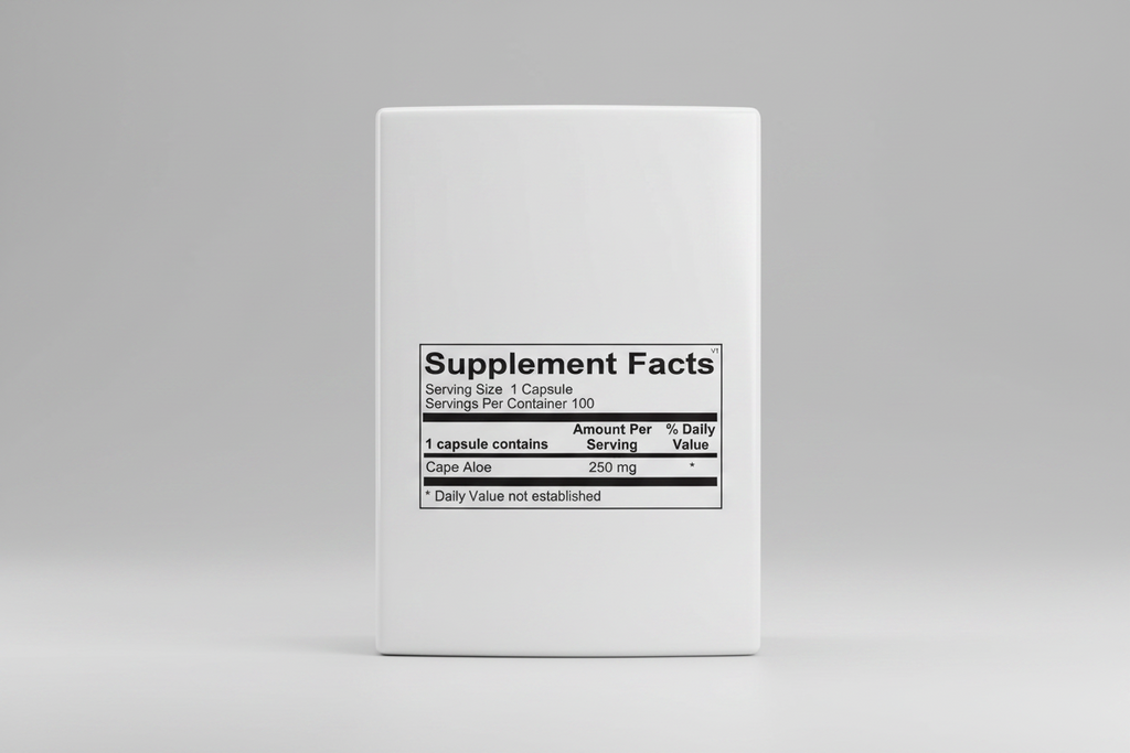 Supplement facts label for a capsule containing Cape Aloe with serving size and container details.