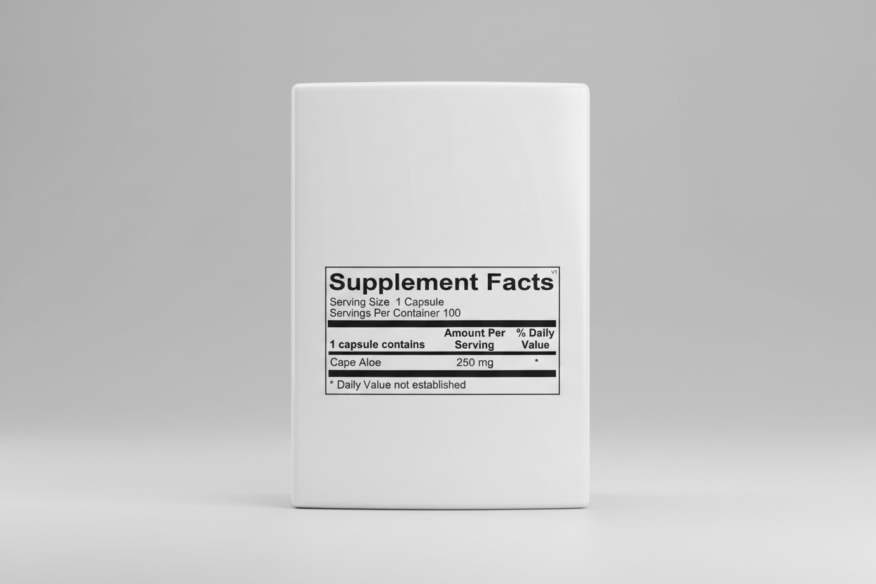 Supplement facts label for a capsule containing Cape Aloe with serving size and container details.