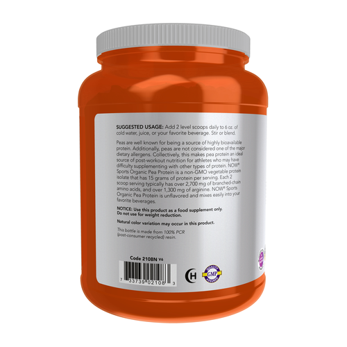 NOW Sports Organic Pea Protein — Unflavored, 15 g Protein, 2‑Scoop Serving