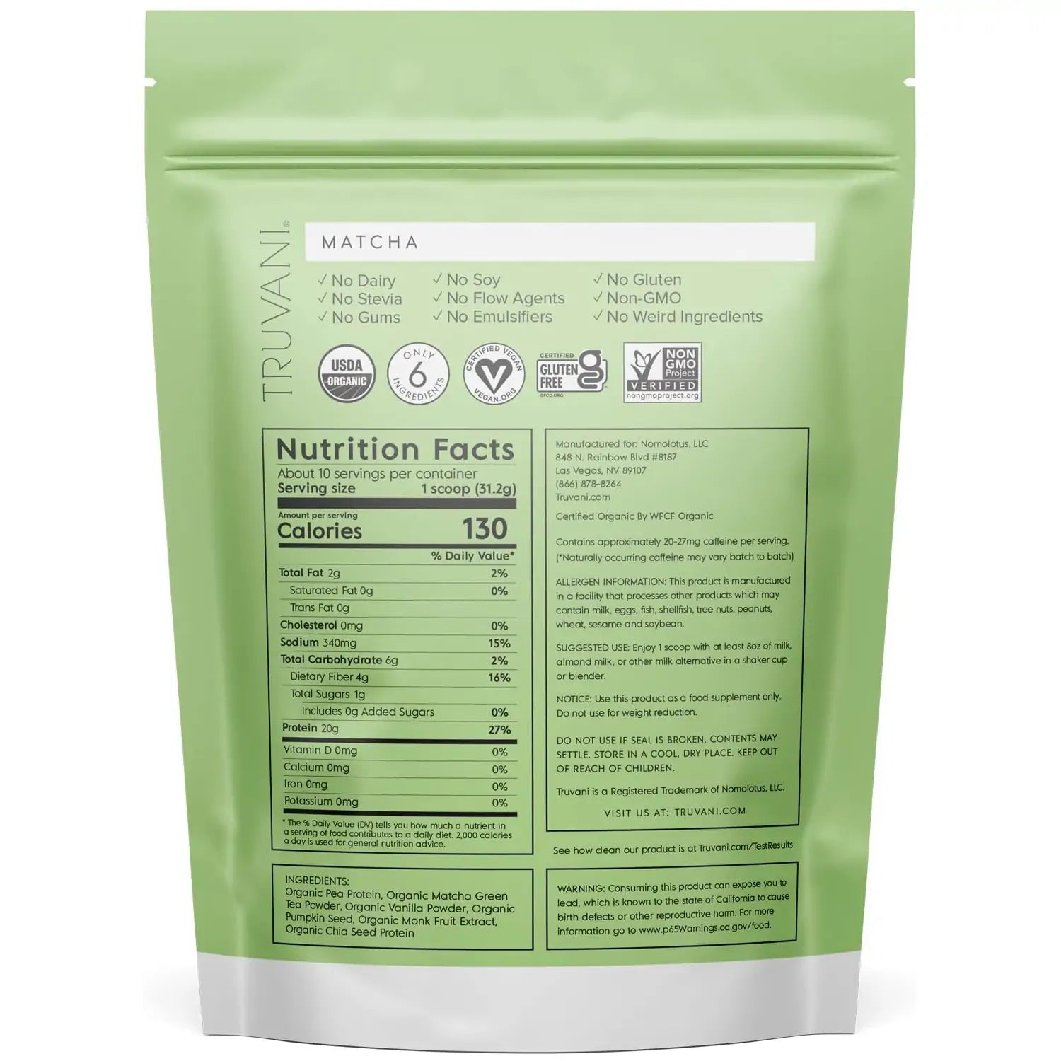 Truvani Matcha Plant Protein Powder - 10 Servings