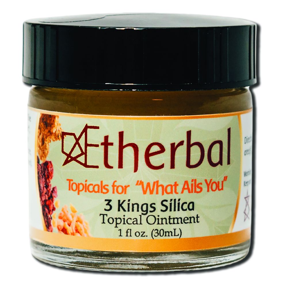 Aetherbal 3 Kings Silica topical ointment in a 1 fl oz amber jar with black lid