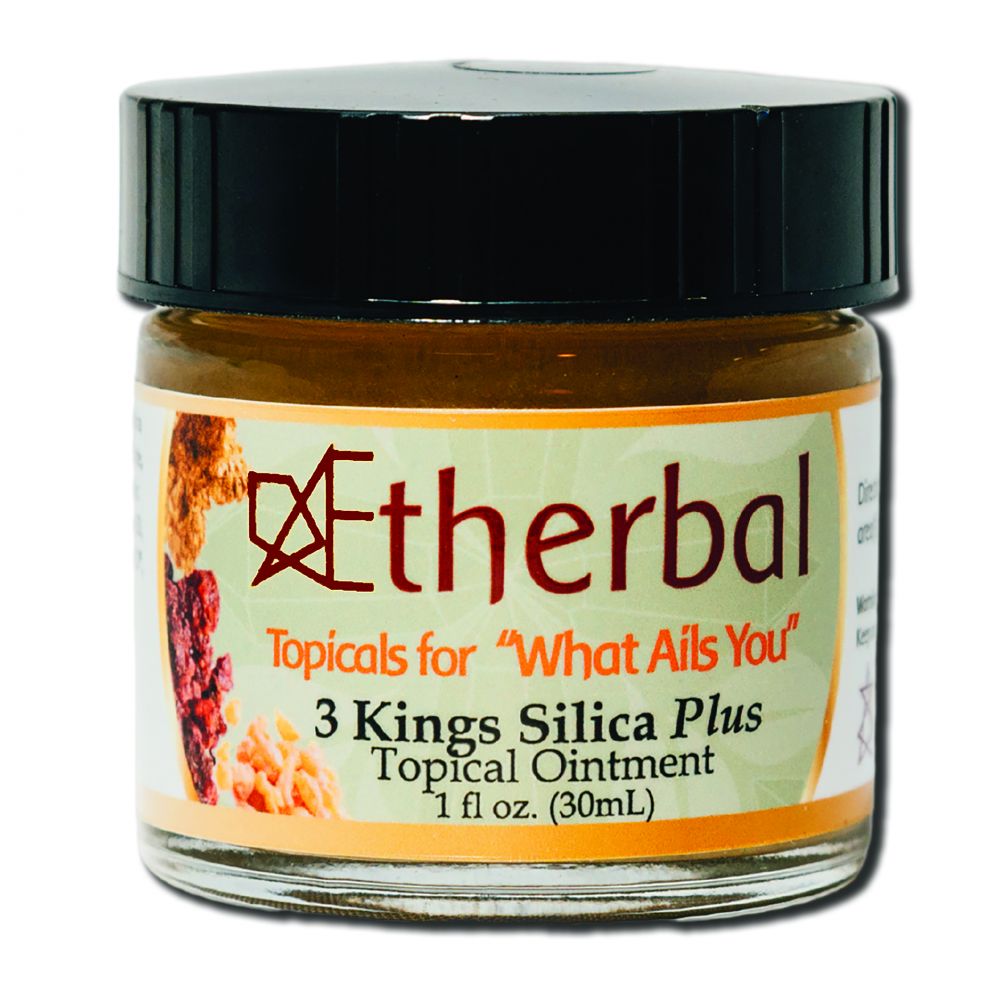 Aetherbal 3 Kings Silica Plus topical ointment in a 1 fl oz amber jar with black lid