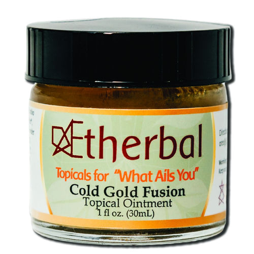 Aetherbal Cold Gold Fusion topical ointment in a 1 fl oz amber jar with black lid