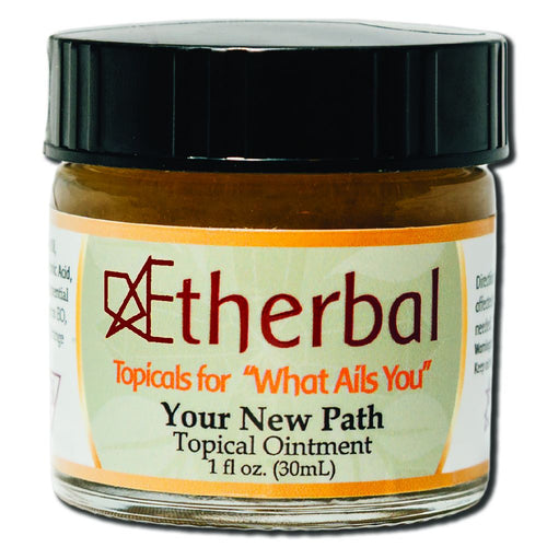Aetherbal Your New Path topical ointment in a 1 fl oz amber jar with black lid