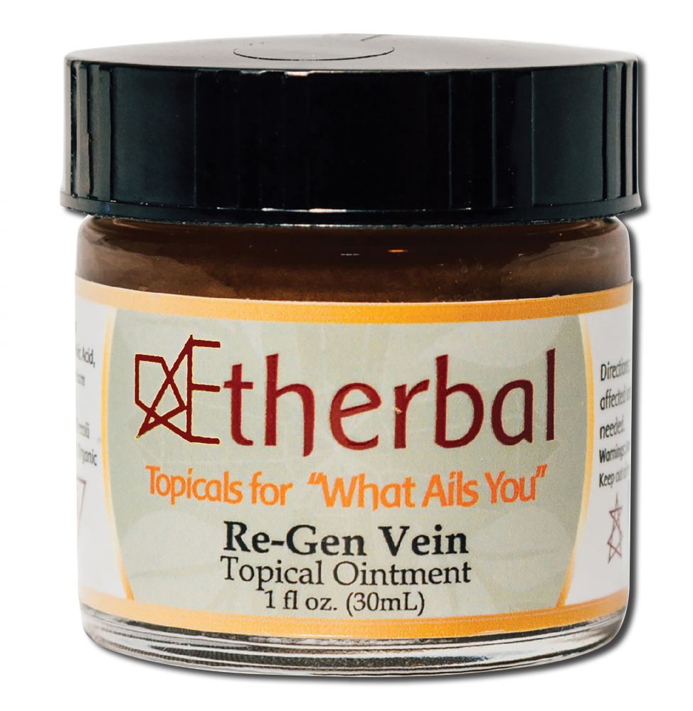 Aetherbal Re-Gen Vein topical ointment in a 1 fl oz amber jar with black lid