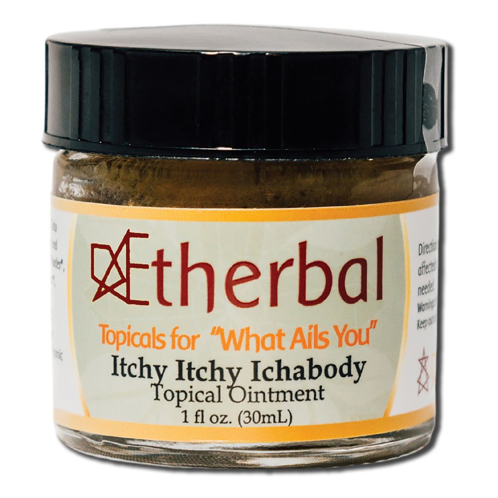 Aetherbal Itchy Ichabody topical ointment in a 1 fl oz amber jar with black lid