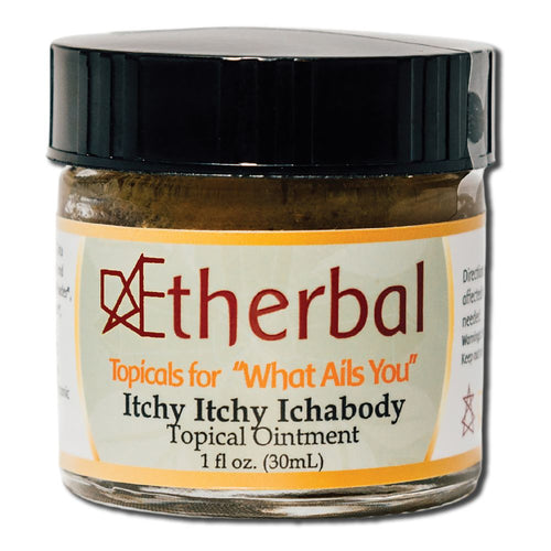 Aetherbal Itchy Ichabody topical ointment in a 1 fl oz amber jar with black lid