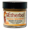 Aetherbal Breaker of Lipomas topical ointment in a 1 fl oz amber jar with black lid