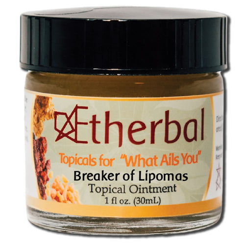 Aetherbal Breaker of Lipomas topical ointment in a 1 fl oz amber jar with black lid