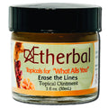 Aetherbal Erase the Lines topical ointment in a 1 fl oz amber jar with black lid