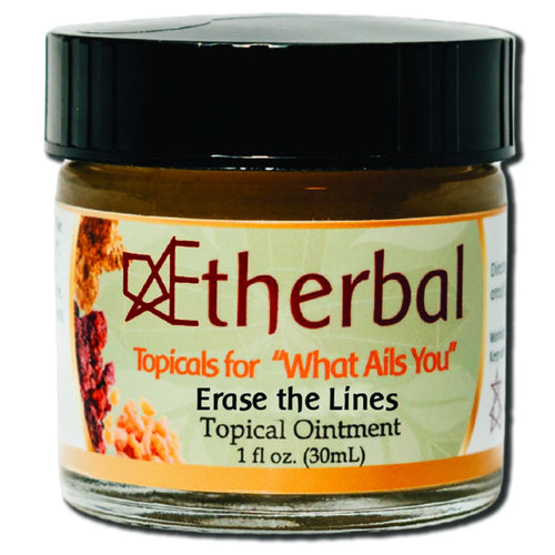 Aetherbal Erase the Lines topical ointment in a 1 fl oz amber jar with black lid