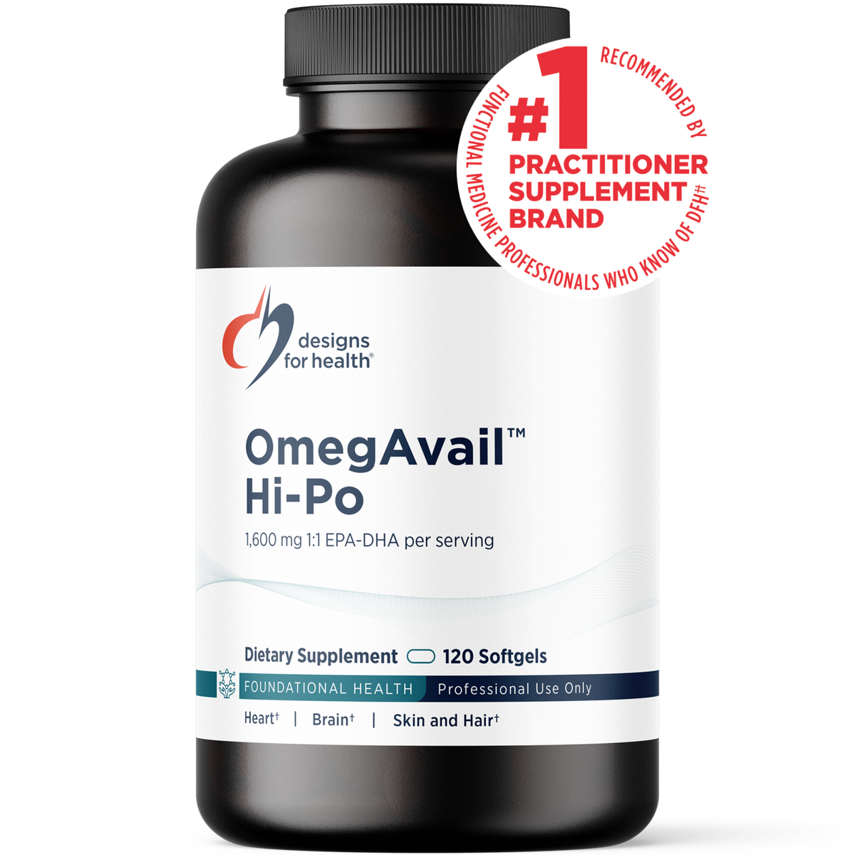 Designs for Health OmegAvail Hi-Po 120 softgels front label