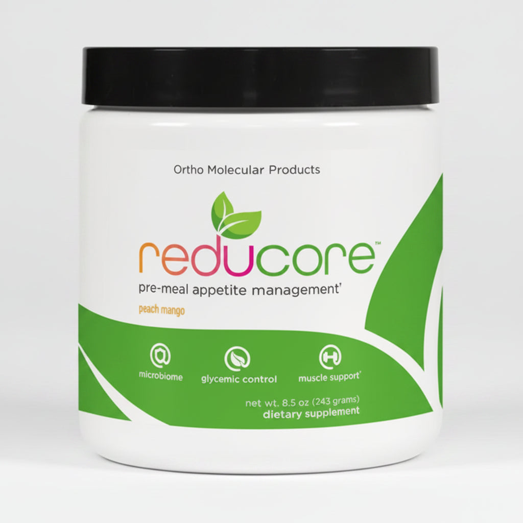 Supplement jar labeled 'reduc core' by Ortho Molecular Products on a white background