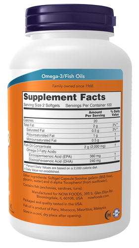 NOW Foods Omega-3 Molecularly Distilled Fish Oil 200 Softgels | EPA & DHA