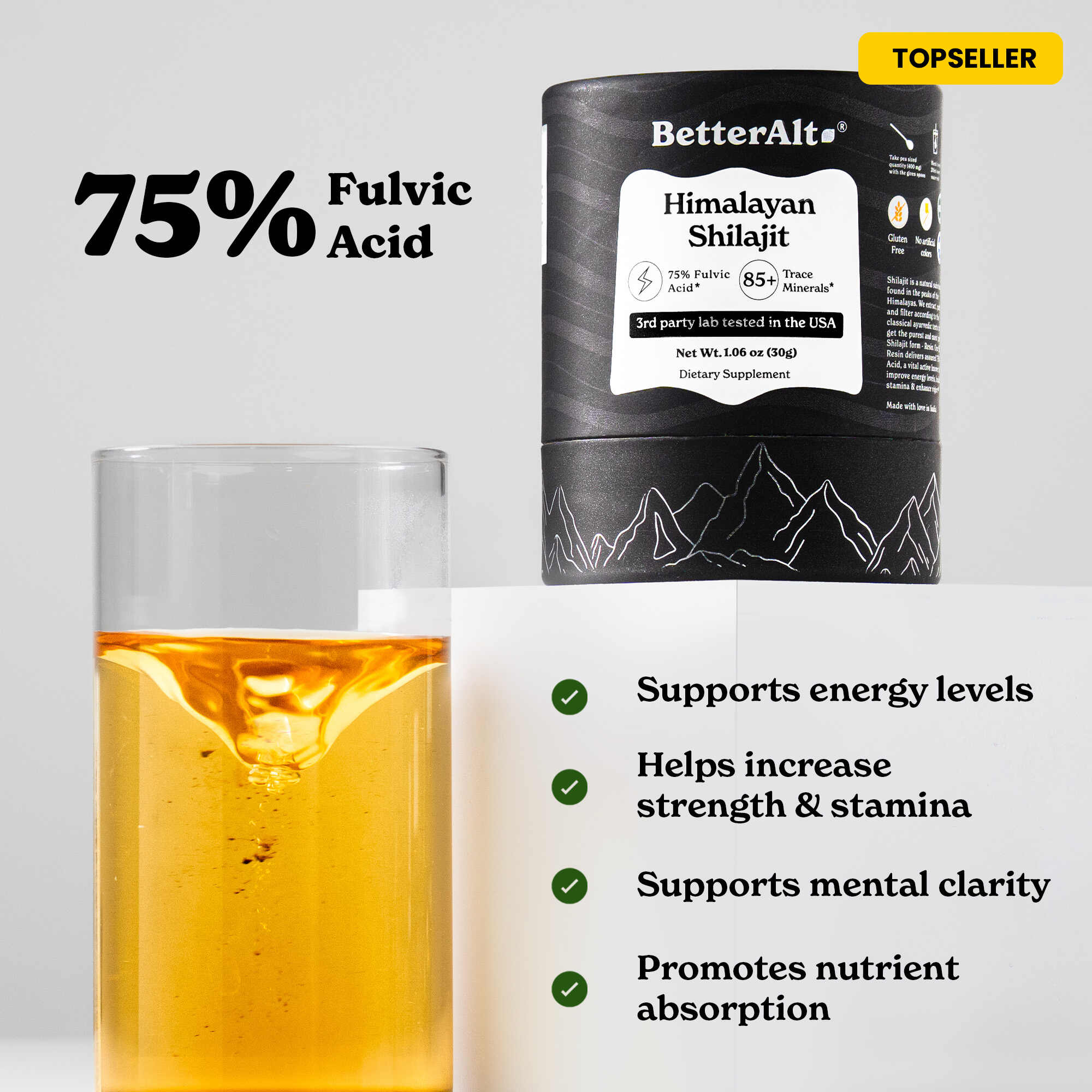 Himalayan Shilajit product with a glass of liquid and benefits listed on a gray background