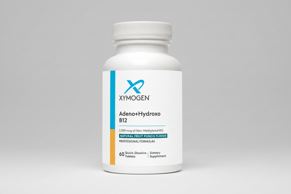 Xymogen Adeno+Hydroxo B12 dietary supplement bottle on a white background