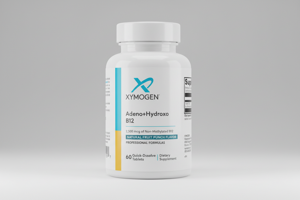 Supplement label for Xymogen Adeno+Hydrox B12 on a white background