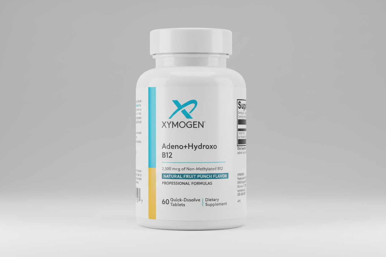 Supplement label for Xymogen Adeno+Hydrox B12 on a white background