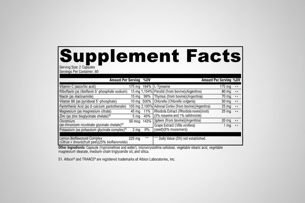 Supplement facts label with detailed nutritional information on a white background