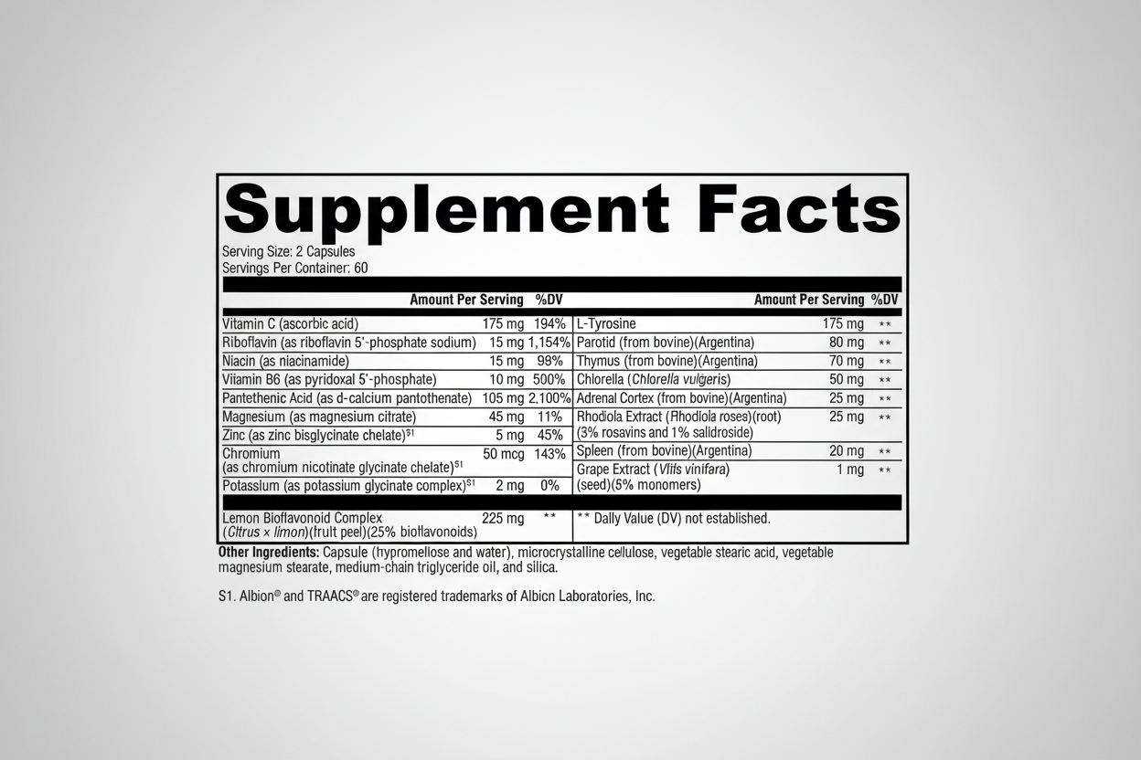 Supplement facts label with detailed nutritional information on a white background