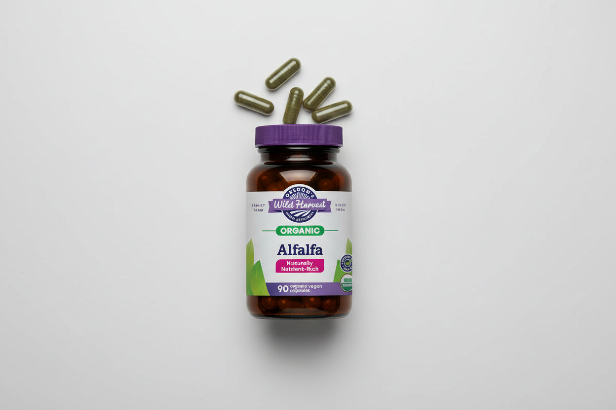 Oregon's Wild Harvest Organic Alfalfa supplement bottle with purple cap and label.