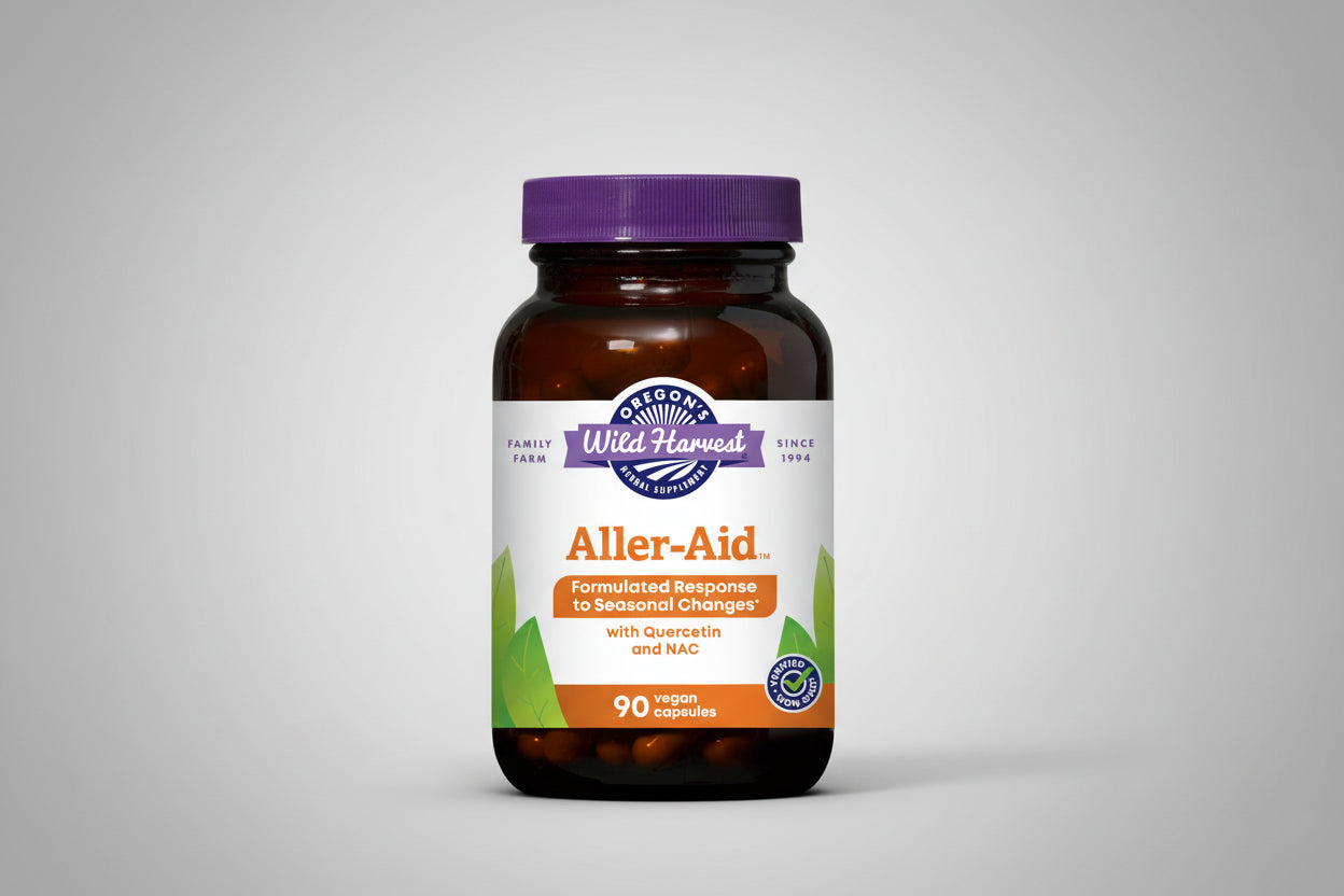 Oregon's Wild Harvest Aller-Aid supplement bottle with purple cap and label.