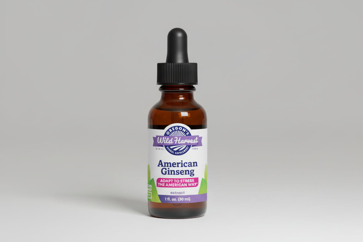 Bottle of American Ginseng extract with dropper labeled 'Oregon's Wild Harvest' on a white background.