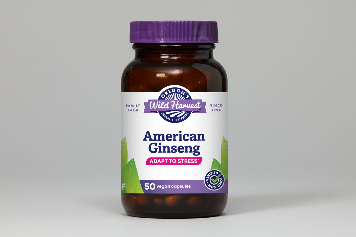 Vitamin supplement bottle labeled 'American Ginseng' with a purple cap and white label.