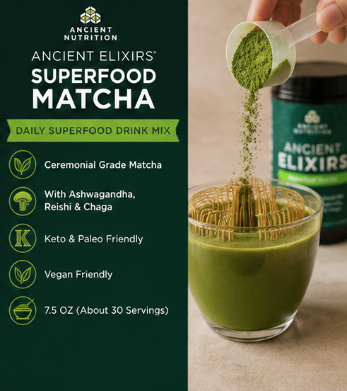 Ancient Nutrition Ancient Elixirs Superfood Matcha 7.5 oz – ceremonial grade green tea powder