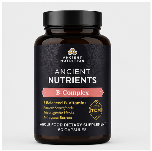 A dark amber bottle of Ancient Nutrition B-Complex dietary supplement with a black label and cap, shown on a light gray background.