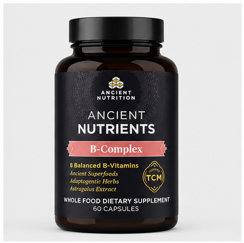 A dark amber bottle of Ancient Nutrition B-Complex dietary supplement with a black label and cap, shown on a light gray background.